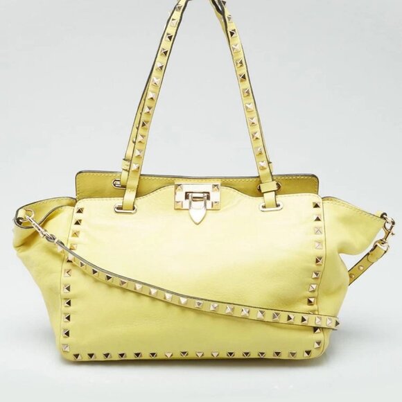 Valentino Yellow Leather Rockstud Trapeze Small Tote Bag - Picture 1 of 11